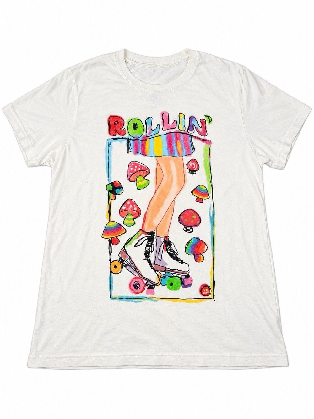 Teen Hearts Rollin’ Roller Skate Mushroom Graphic Tee White Psychedelic Y2K M